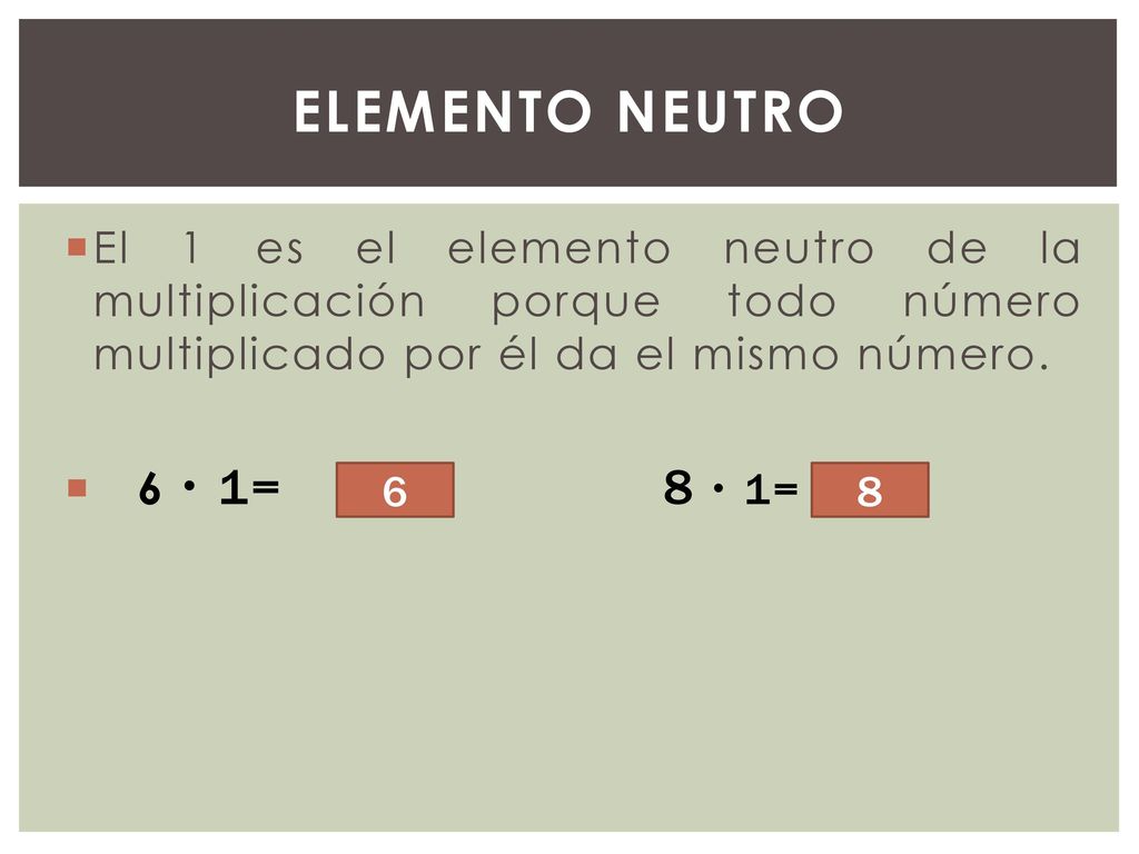 Elemento neutro El 1 es el elemento neutro de la multiplicación porque todo número multiplicado por él da el mismo número.