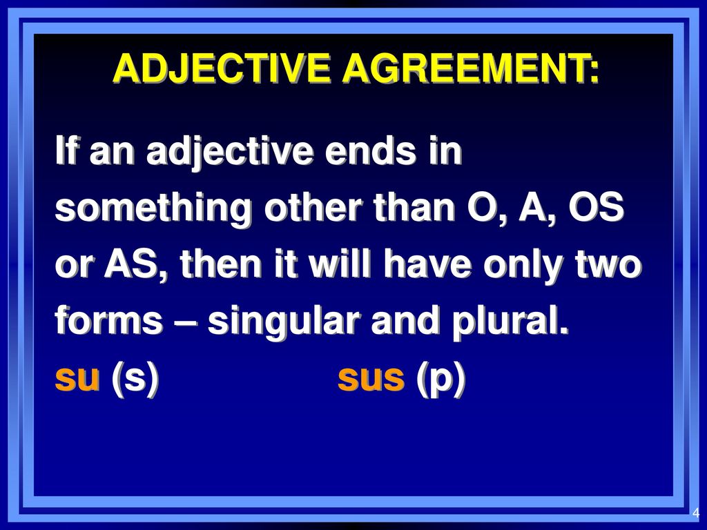 ADJECTIVE AGREEMENT: If an adjective ends in something other than O, A, OS or AS, then it will have only two forms – singular and plural.