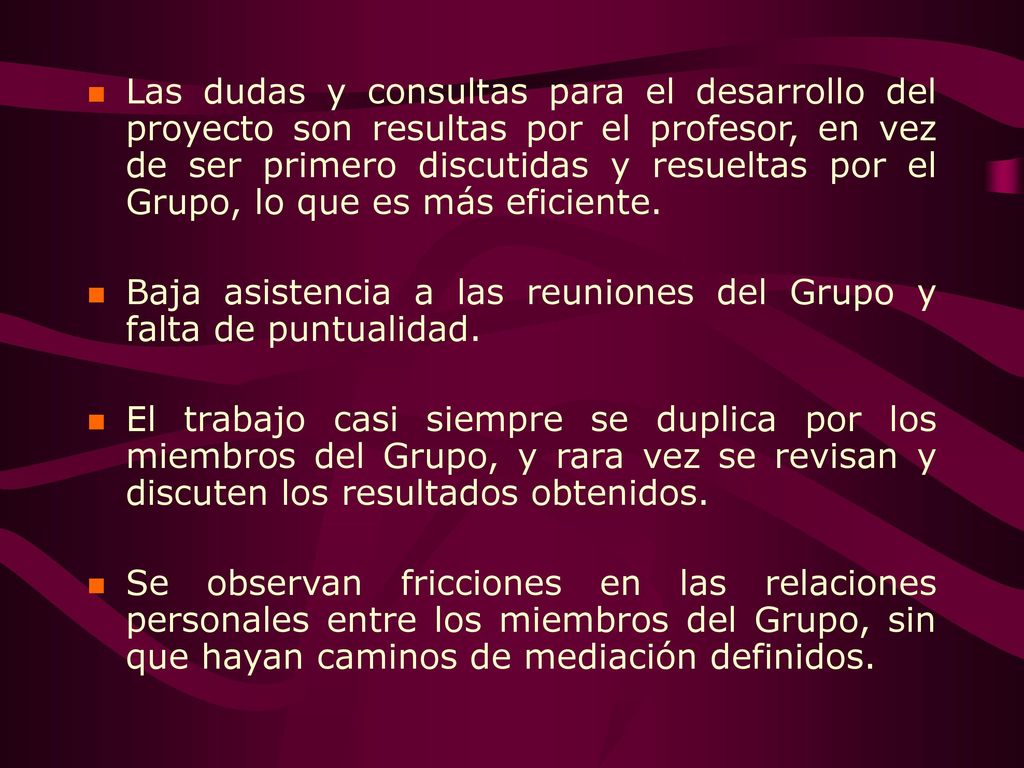 Las dudas y consultas para el desarrollo del proyecto son resultas por el profesor, en vez de ser primero discutidas y resueltas por el Grupo, lo que es más eficiente.