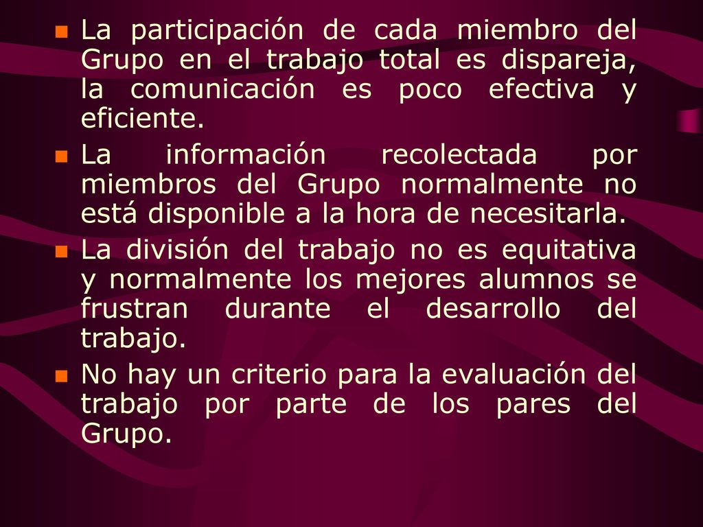 La participación de cada miembro del Grupo en el trabajo total es dispareja, la comunicación es poco efectiva y eficiente.