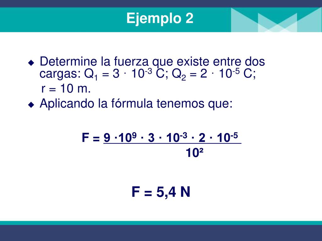 Ejemplo 2 Determine la fuerza que existe entre dos cargas: Q1 = 3 · 10-3 C; Q2 = 2 · 10-5 C; r = 10 m.
