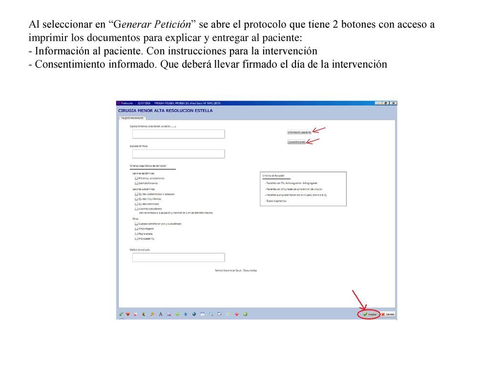 Al seleccionar en Generar Petición se abre el protocolo que tiene 2 botones con acceso a