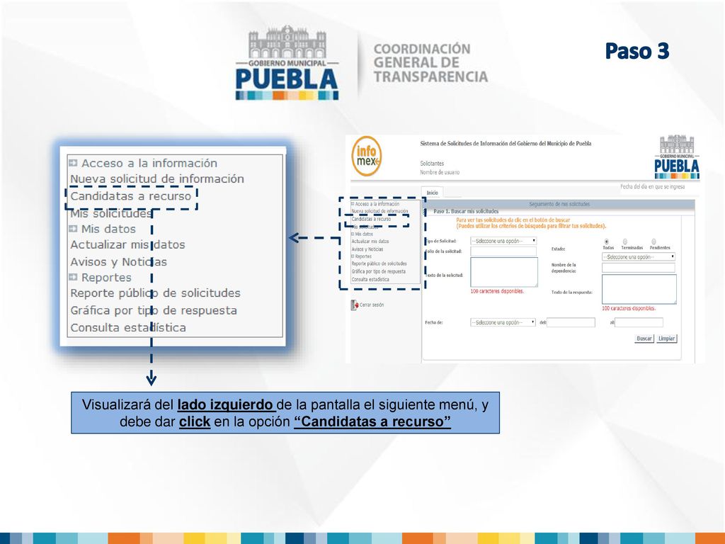 Paso 3 Visualizará del lado izquierdo de la pantalla el siguiente menú, y debe dar click en la opción Candidatas a recurso