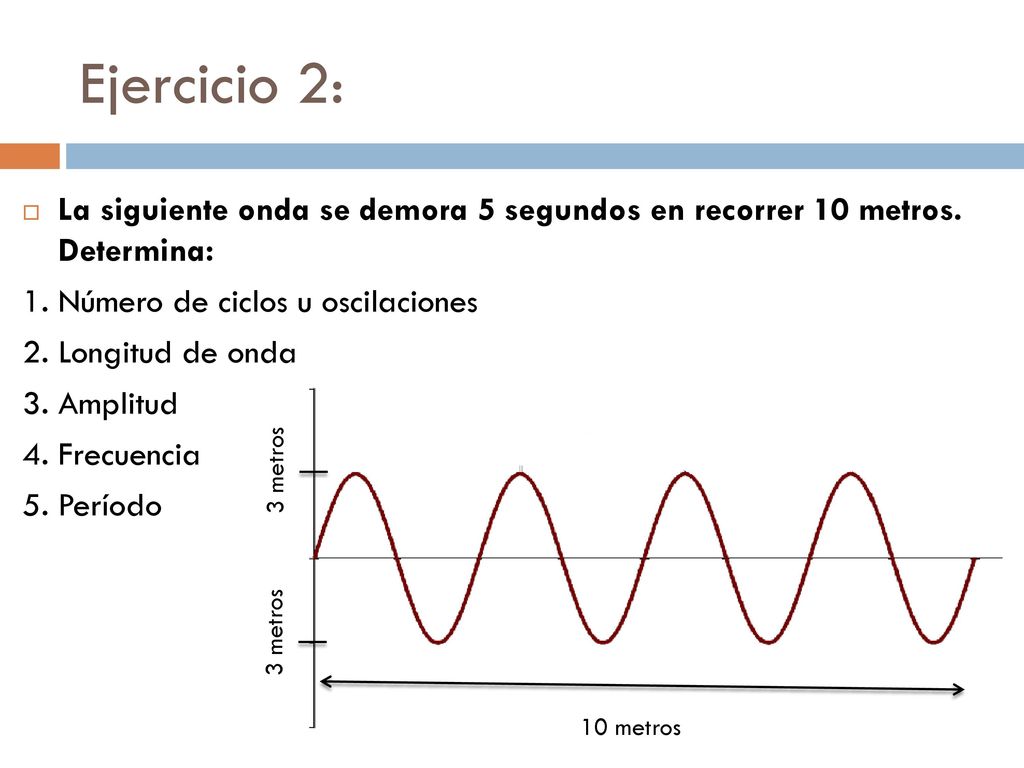 Ejercicio 2: La siguiente onda se demora 5 segundos en recorrer 10 metros. Determina: 1. Número de ciclos u oscilaciones.