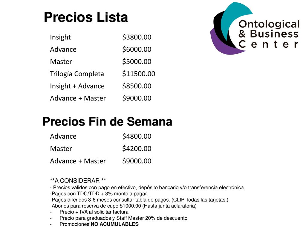 Precios Lista Precios Fin de Semana Insight $ Advance $