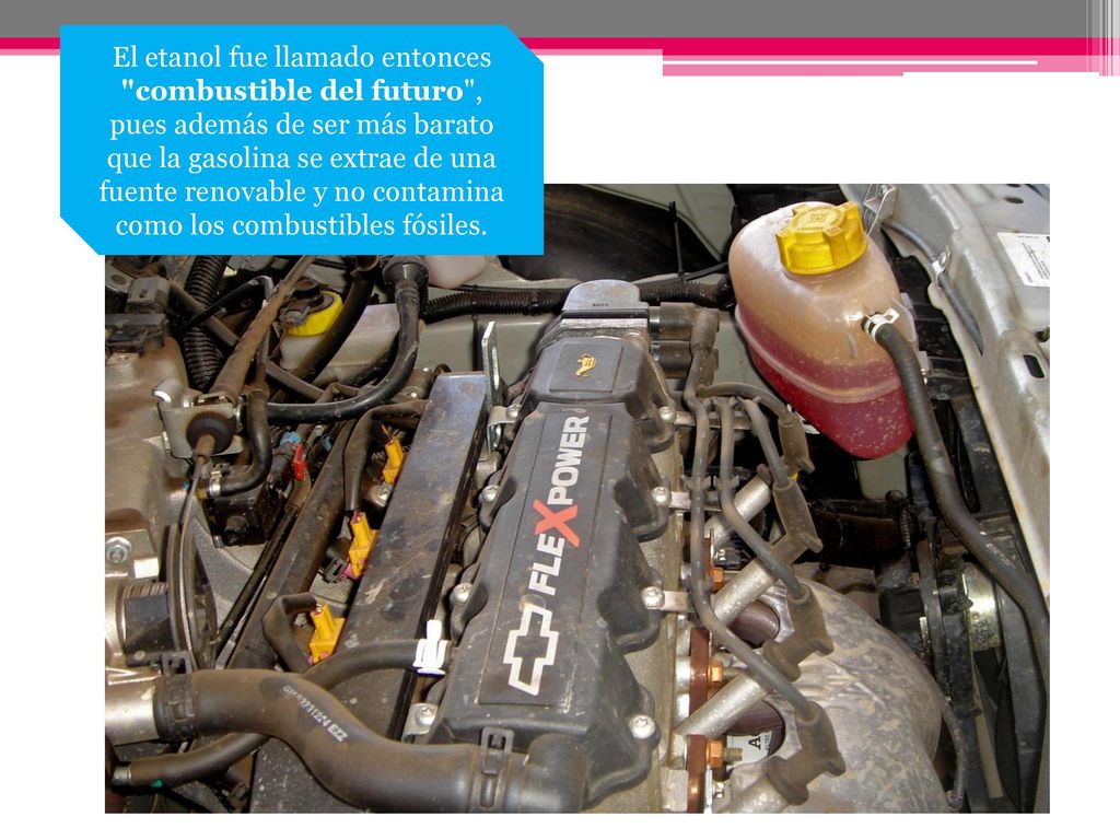 El etanol fue llamado entonces combustible del futuro , pues además de ser más barato que la gasolina se extrae de una fuente renovable y no contamina como los combustibles fósiles.