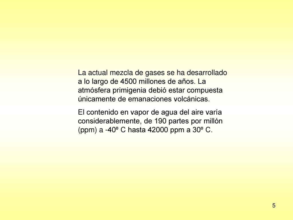 La actual mezcla de gases se ha desarrollado a lo largo de 4500 millones de años. La atmósfera primigenia debió estar compuesta únicamente de emanaciones volcánicas.