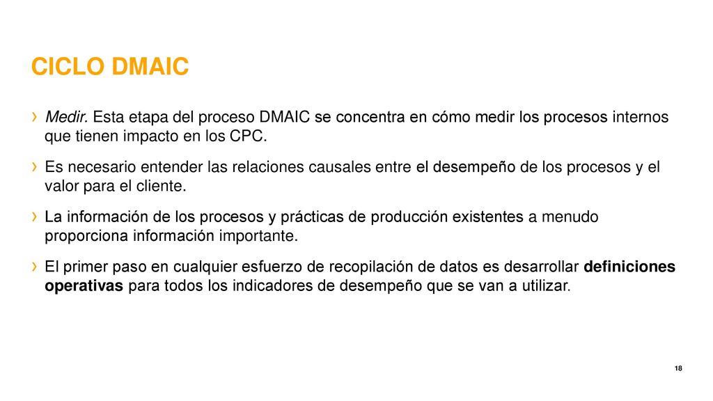 CICLO DMAIC Medir. Esta etapa del proceso DMAIC se concentra en cómo medir los procesos internos que tienen impacto en los CPC.