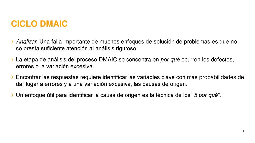 CICLO DMAIC Analizar. Una falla importante de muchos enfoques de solución de problemas es que no se presta suficiente atención al análisis riguroso.