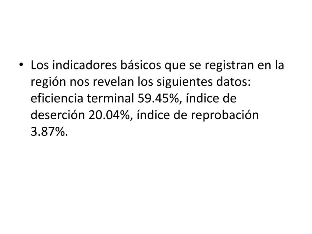 Los indicadores básicos que se registran en la región nos revelan los siguientes datos: eficiencia terminal 59.45%, índice de deserción 20.04%, índice de reprobación 3.87%.