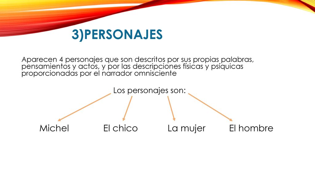3)personajes Michel El chico La mujer El hombre Los personajes son: