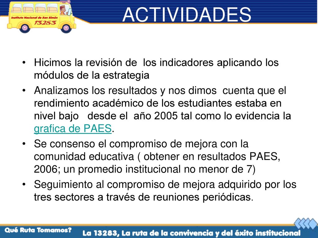 ACTIVIDADES Hicimos la revisión de los indicadores aplicando los módulos de la estrategia.