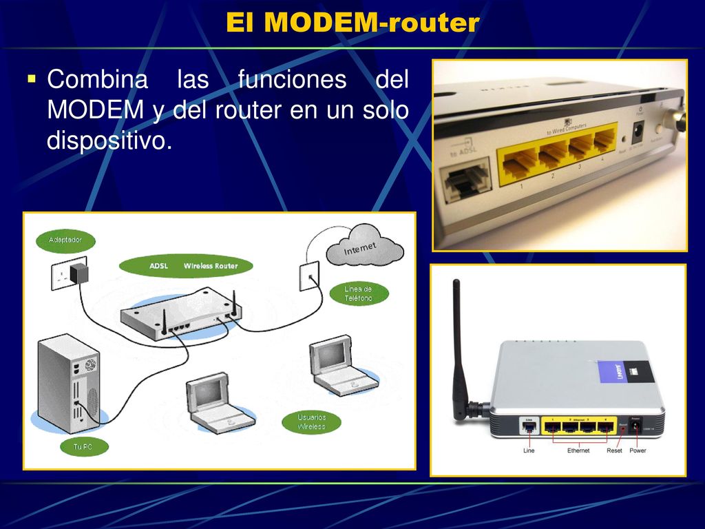El MODEM-router Combina las funciones del MODEM y del router en un solo dispositivo.