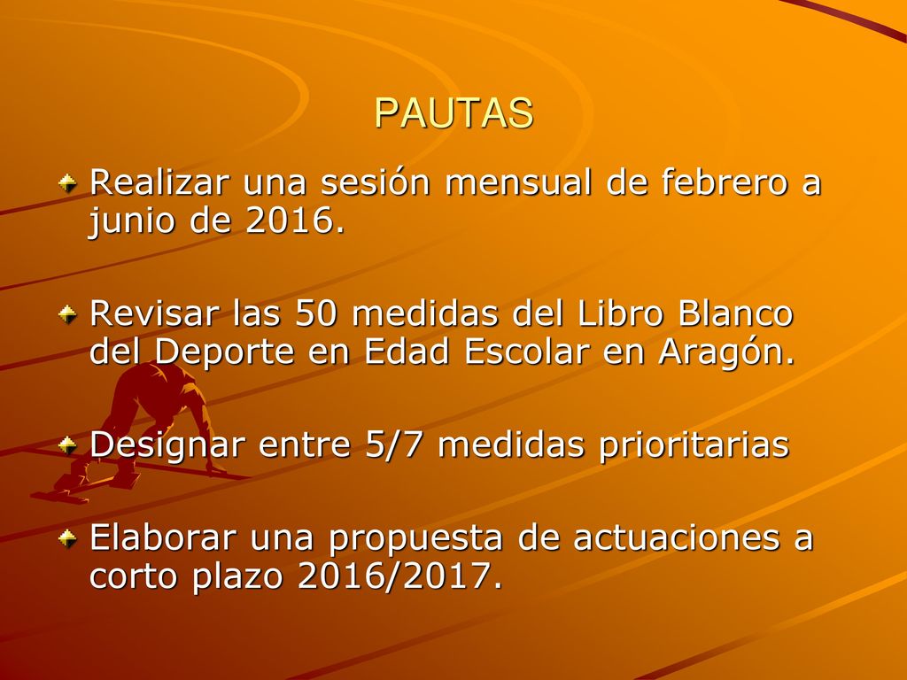 PAUTAS Realizar una sesión mensual de febrero a junio de 2016.