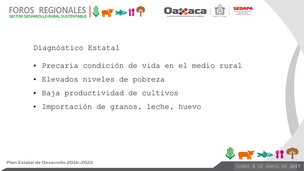 Diagnóstico Estatal Precaria condición de vida en el medio rural. Elevados niveles de pobreza. Baja productividad de cultivos.