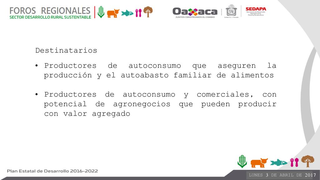 Destinatarios Productores de autoconsumo que aseguren la producción y el autoabasto familiar de alimentos.