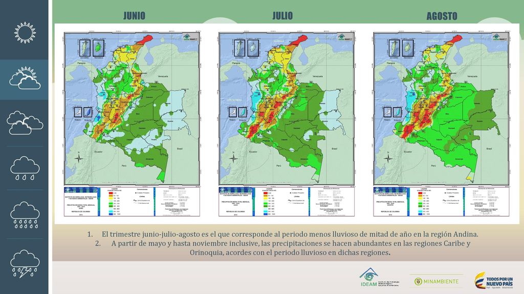 JUNIO JULIO. AGOSTO. El trimestre junio-julio-agosto es el que corresponde al periodo menos lluvioso de mitad de año en la región Andina.