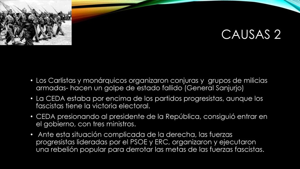 Causas 2 Los Carlistas y monárquicos organizaron conjuras y grupos de milicias armadas- hacen un golpe de estado fallido (General Sanjurjo)