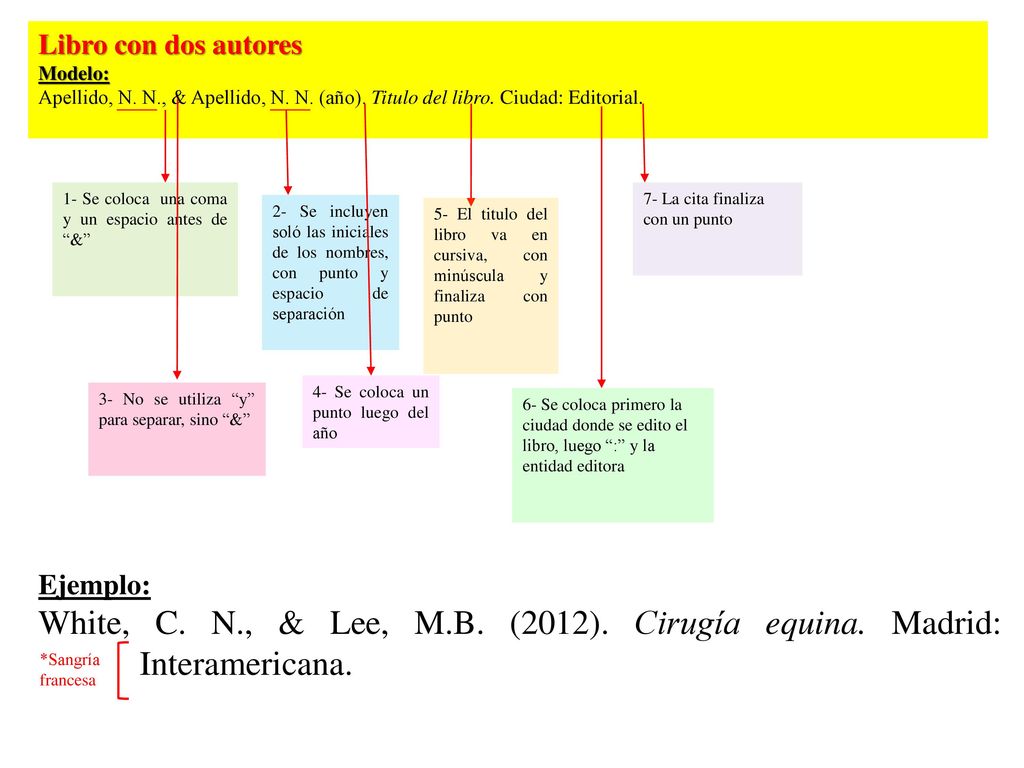 Libro con dos autores Modelo: Apellido, N. N., & Apellido, N. N. (año). Titulo del libro. Ciudad: Editorial.