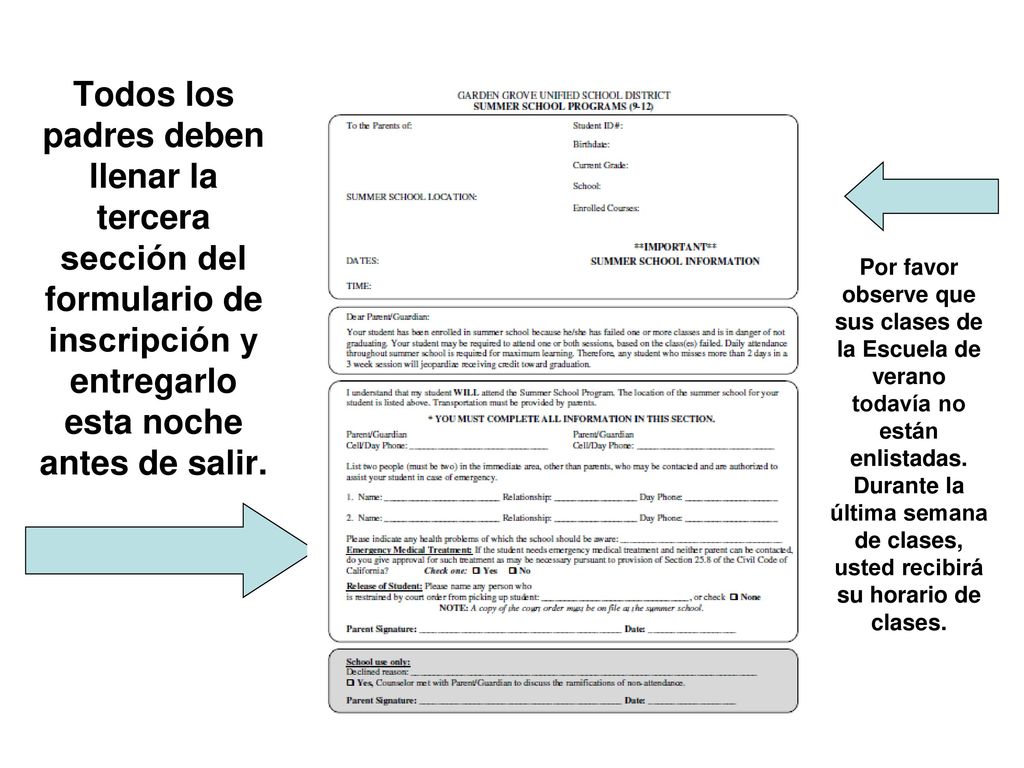 Todos los padres deben llenar la tercera sección del formulario de inscripción y entregarlo esta noche antes de salir.