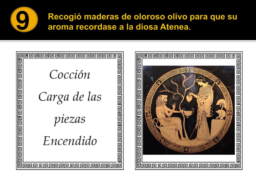 9 Recogió maderas de oloroso olivo para que su aroma recordase a la diosa Atenea.