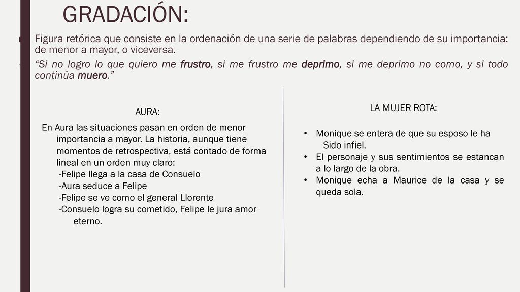 GRADACIÓN: Figura retórica que consiste en la ordenación de una serie de palabras dependiendo de su importancia: de menor a mayor, o viceversa.