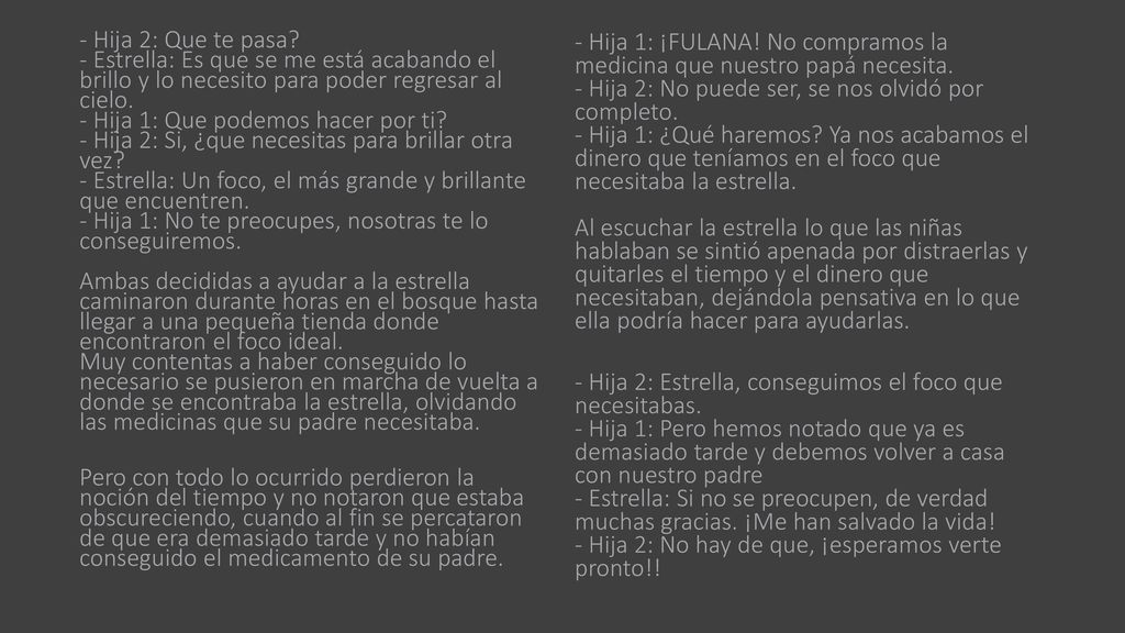 - Hija 2: Que te pasa - Estrella: Es que se me está acabando el brillo y lo necesito para poder regresar al cielo. - Hija 1: Que podemos hacer por ti - Hija 2: Si, ¿que necesitas para brillar otra vez - Estrella: Un foco, el más grande y brillante que encuentren. - Hija 1: No te preocupes, nosotras te lo conseguiremos. Ambas decididas a ayudar a la estrella caminaron durante horas en el bosque hasta llegar a una pequeña tienda donde encontraron el foco ideal. Muy contentas a haber conseguido lo necesario se pusieron en marcha de vuelta a donde se encontraba la estrella, olvidando las medicinas que su padre necesitaba.