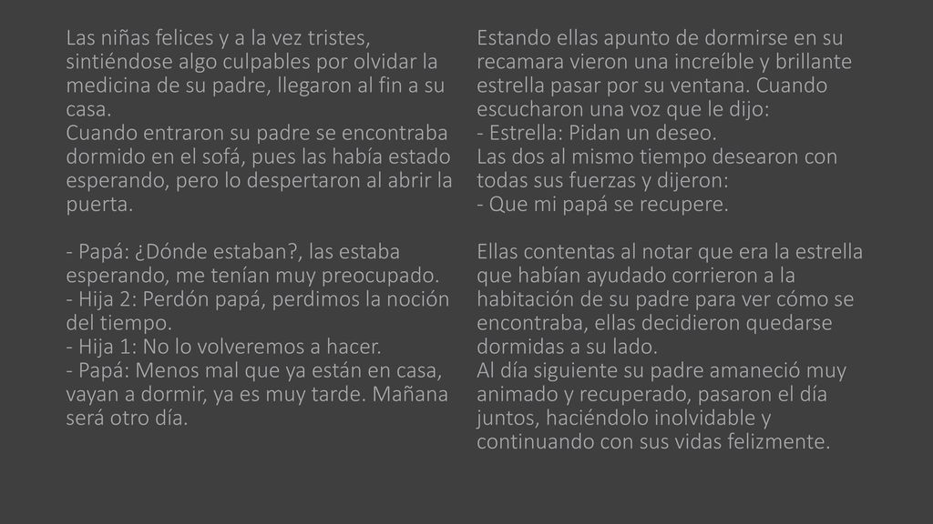 Las niñas felices y a la vez tristes, sintiéndose algo culpables por olvidar la medicina de su padre, llegaron al fin a su casa. Cuando entraron su padre se encontraba dormido en el sofá, pues las había estado esperando, pero lo despertaron al abrir la puerta. - Papá: ¿Dónde estaban , las estaba esperando, me tenían muy preocupado. - Hija 2: Perdón papá, perdimos la noción del tiempo. - Hija 1: No lo volveremos a hacer. - Papá: Menos mal que ya están en casa, vayan a dormir, ya es muy tarde. Mañana será otro día.