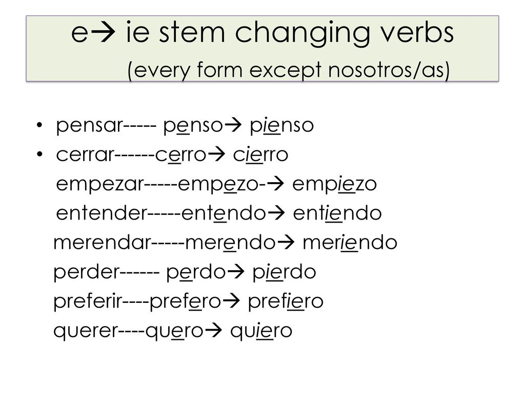 e ie stem changing verbs (every form except nosotros/as)