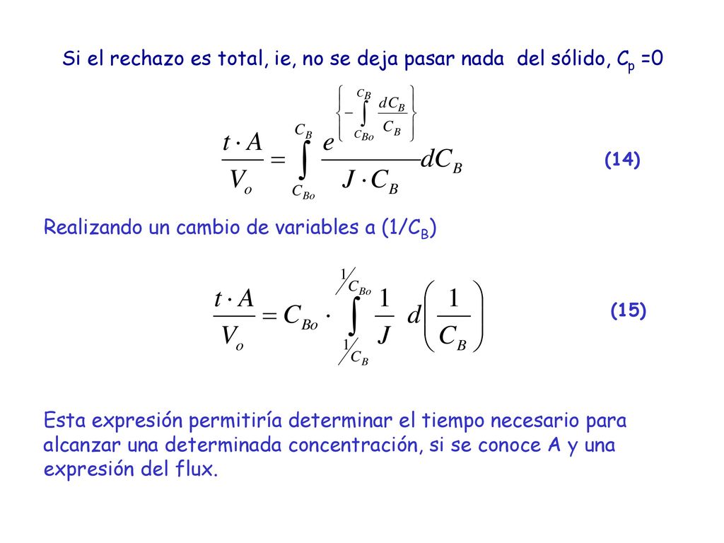 Si el rechazo es total, ie, no se deja pasar nada del sólido, Cp =0