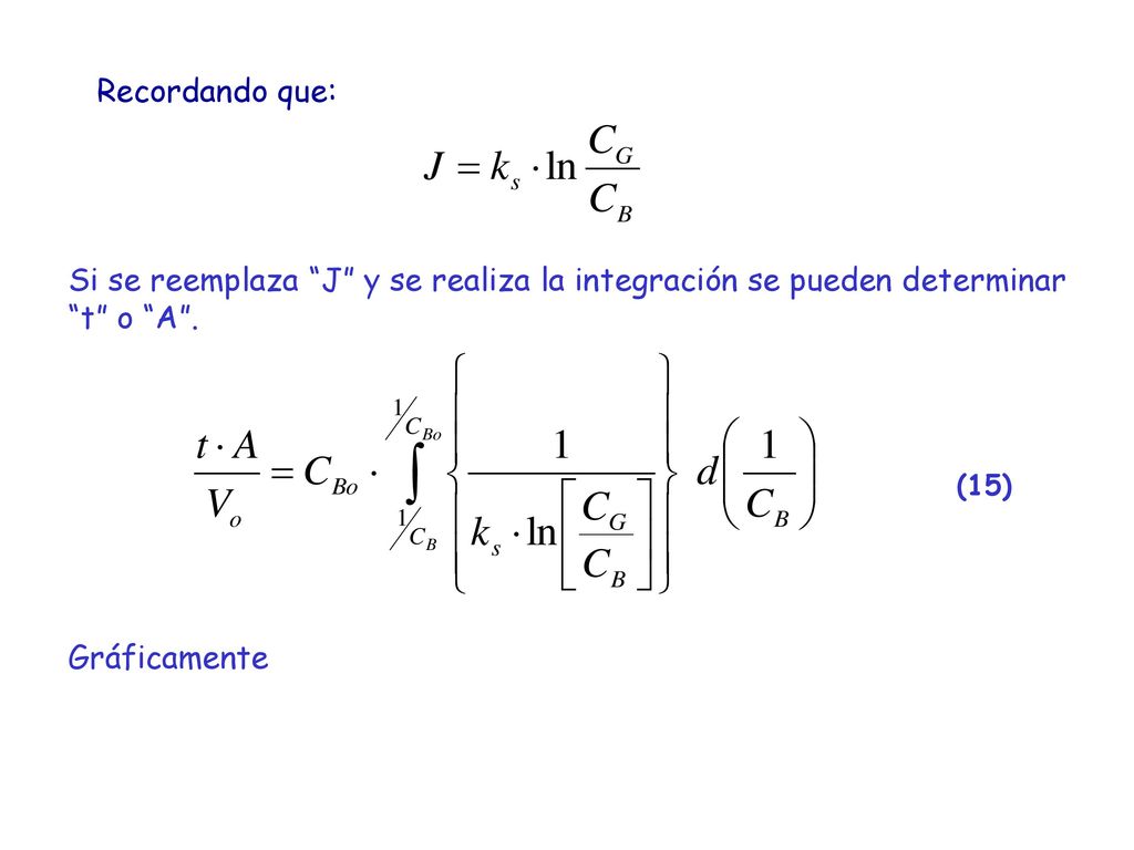Recordando que: Si se reemplaza J y se realiza la integración se pueden determinar t o A . Gráficamente.