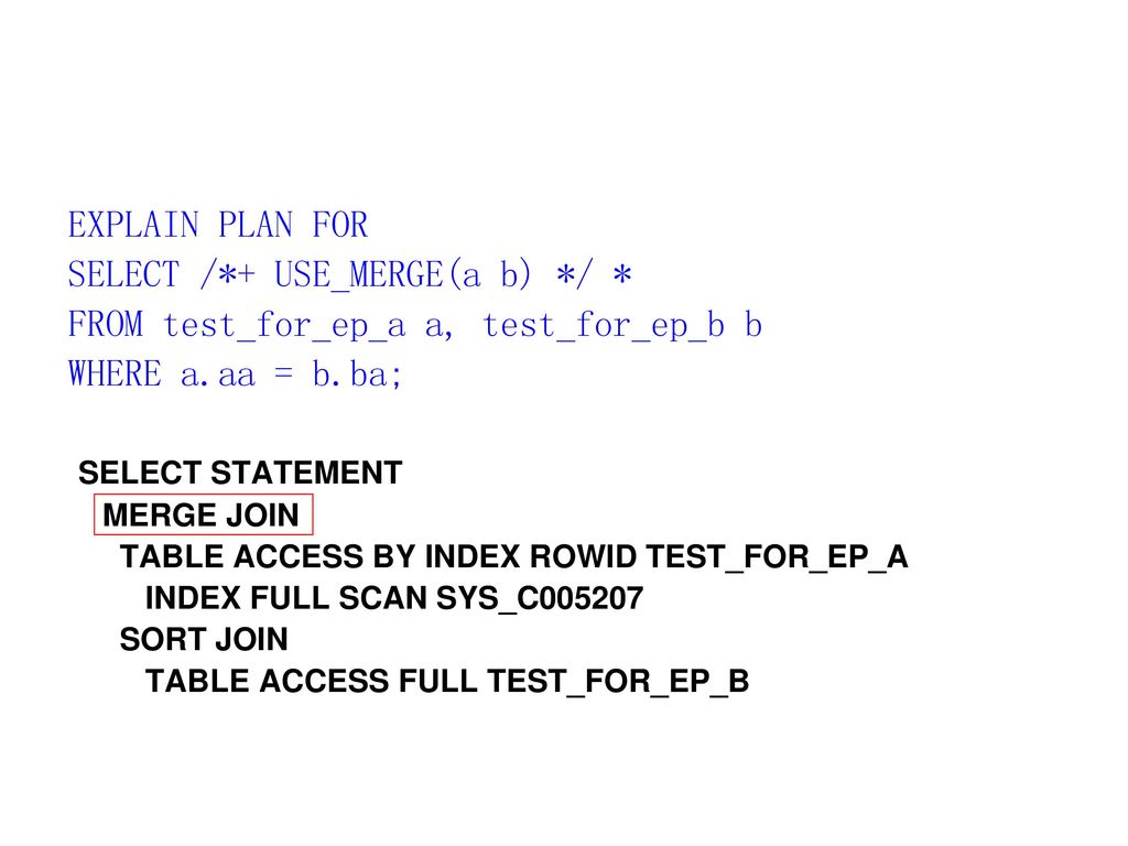 SELECT /*+ USE_MERGE(a b) */ * FROM test_for_ep_a a, test_for_ep_b b