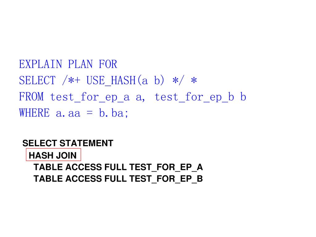 SELECT /*+ USE_HASH(a b) */ * FROM test_for_ep_a a, test_for_ep_b b