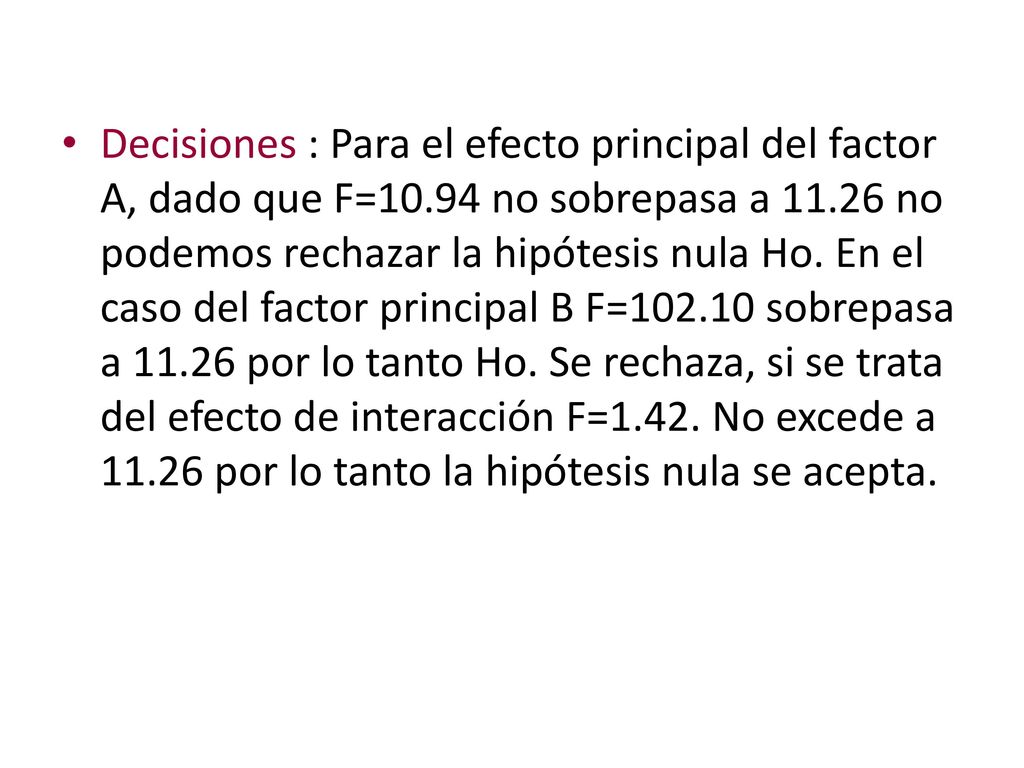 Decisiones : Para el efecto principal del factor A, dado que F=10