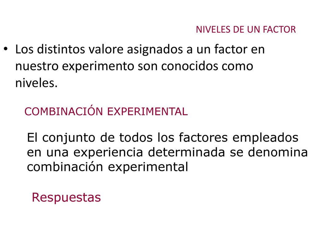 NIVELES DE UN FACTOR Los distintos valore asignados a un factor en nuestro experimento son conocidos como niveles.