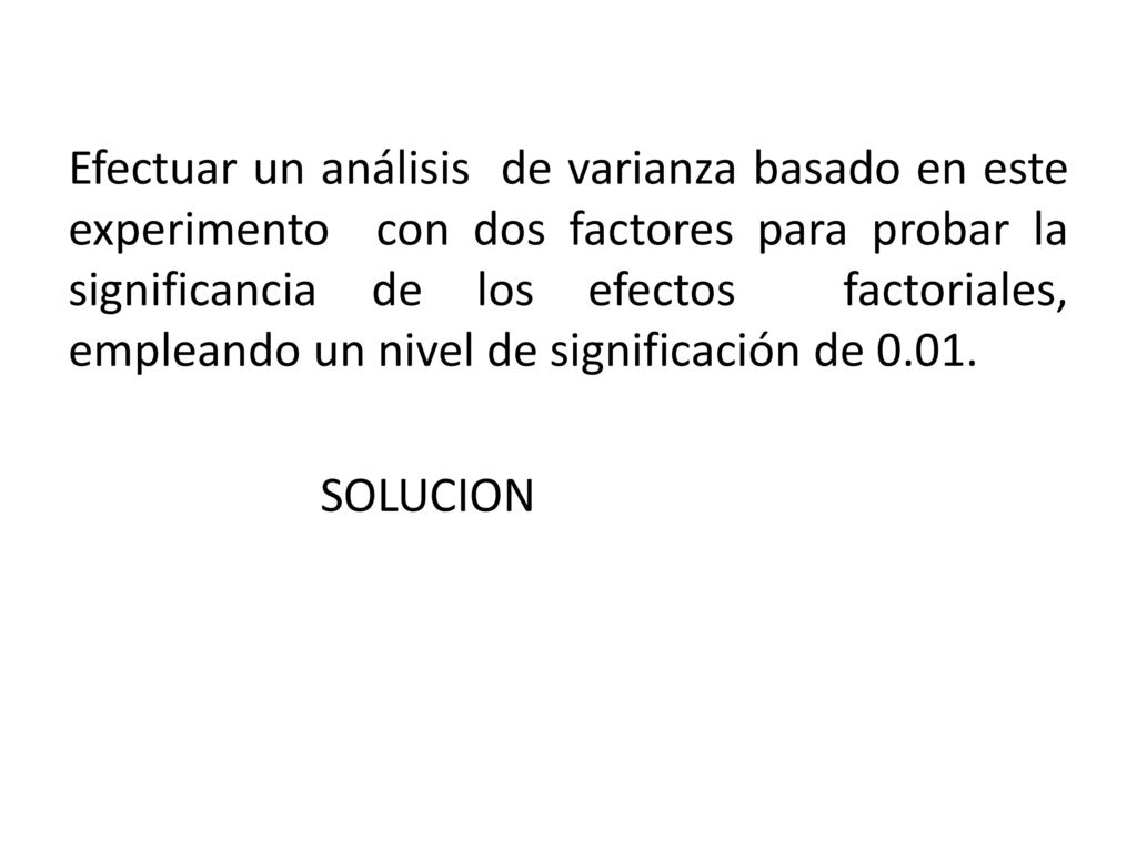 Efectuar un análisis de varianza basado en este experimento con dos factores para probar la significancia de los efectos factoriales, empleando un nivel de significación de 0.01.