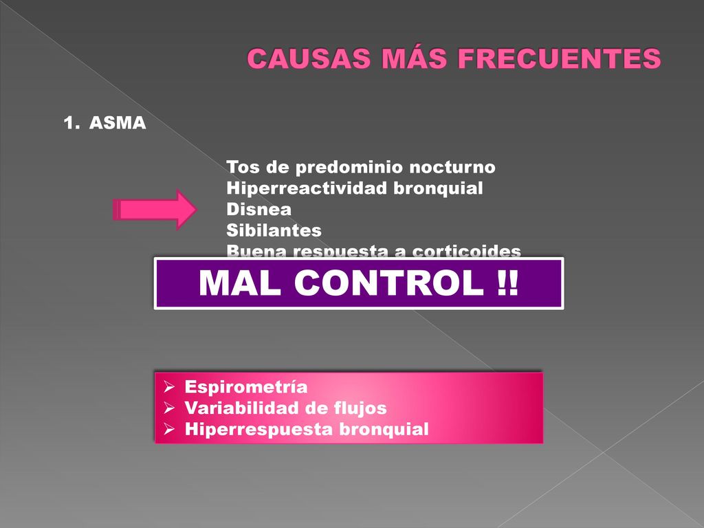 MAL CONTROL !! CAUSAS MÁS FRECUENTES ASMA Tos de predominio nocturno