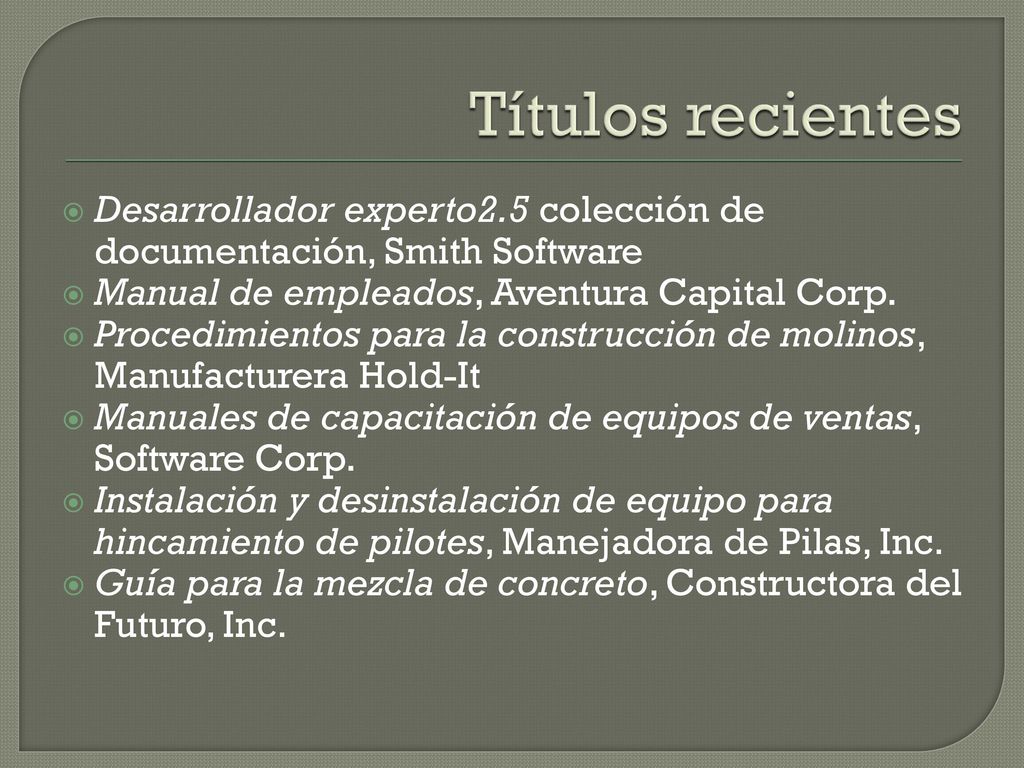 Títulos recientes Desarrollador experto2.5 colección de documentación, Smith Software. Manual de empleados, Aventura Capital Corp.
