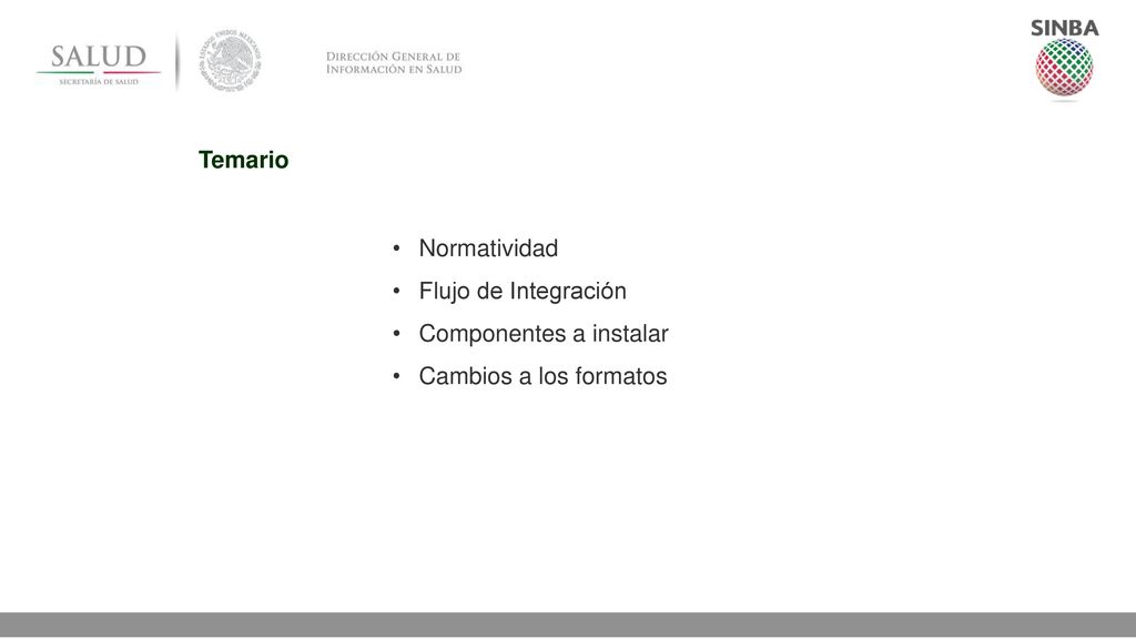 Temario Normatividad Flujo de Integración Componentes a instalar Cambios a los formatos