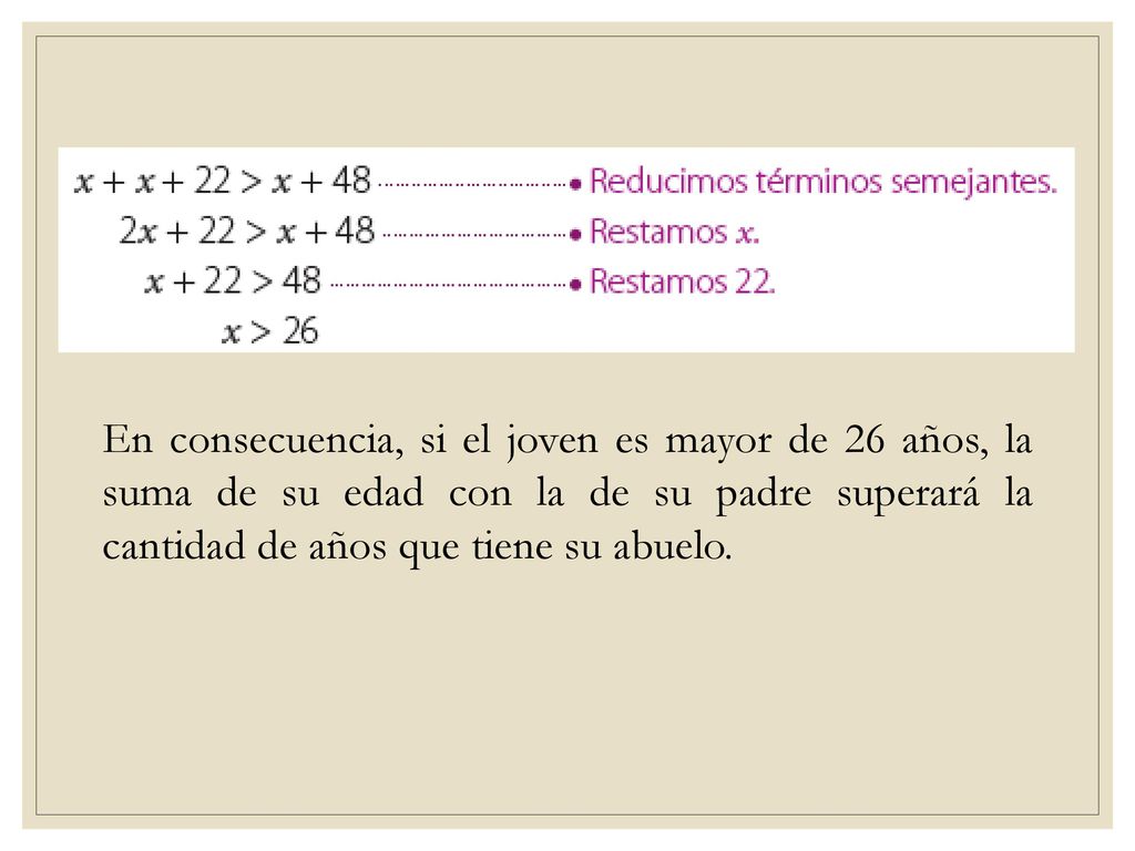 En consecuencia, si el joven es mayor de 26 años, la suma de su edad con la de su padre superará la cantidad de años que tiene su abuelo.