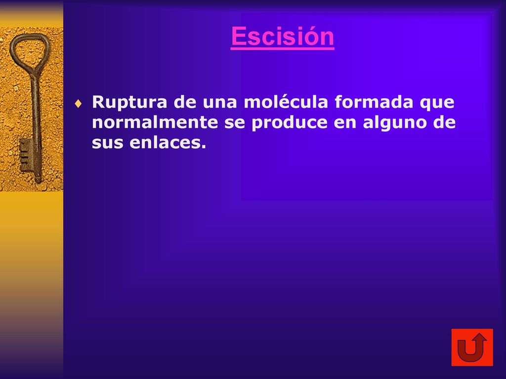 Escisión Ruptura de una molécula formada que normalmente se produce en alguno de sus enlaces.