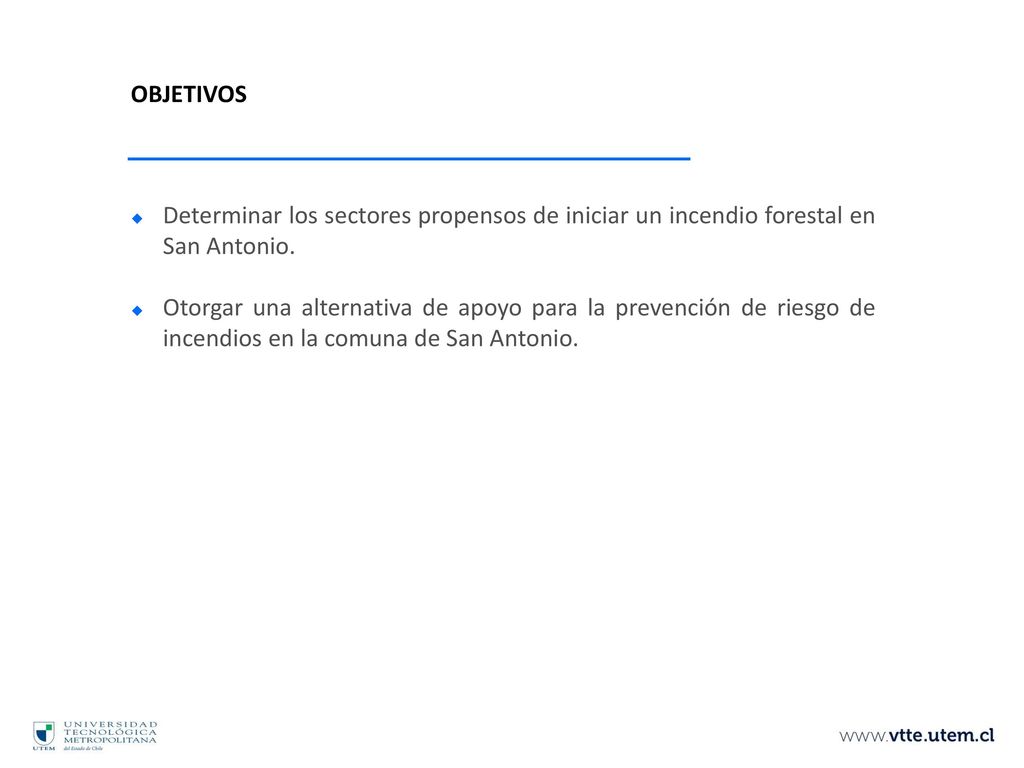 OBJETIVOS Determinar los sectores propensos de iniciar un incendio forestal en San Antonio.