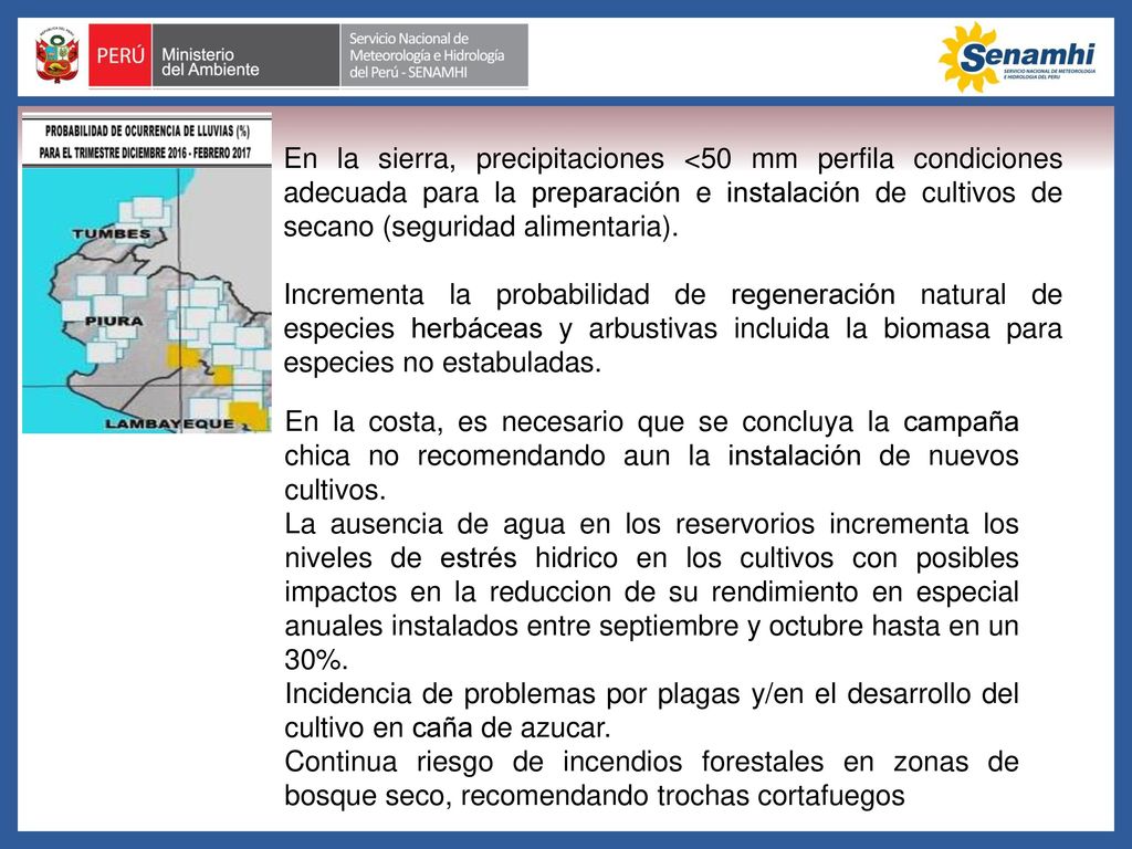 En la sierra, precipitaciones <50 mm perfila condiciones adecuada para la preparación e instalación de cultivos de secano (seguridad alimentaria).