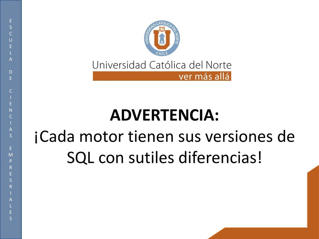ADVERTENCIA: ¡Cada motor tienen sus versiones de SQL con sutiles diferencias!