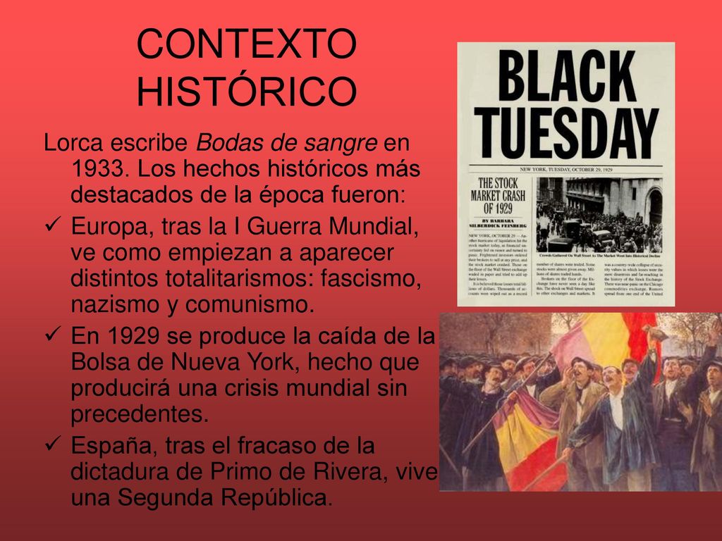 CONTEXTO HISTÓRICO Lorca escribe Bodas de sangre en Los hechos históricos más destacados de la época fueron: