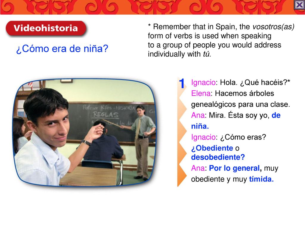 * Remember that in Spain, the vosotros(as) form of verbs is used when speaking