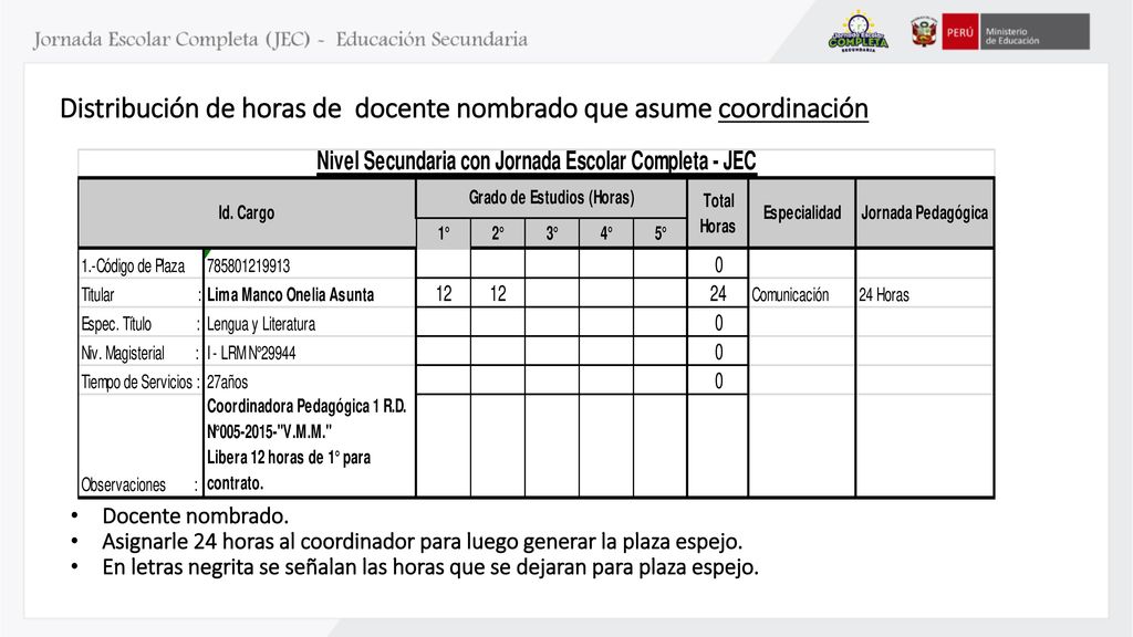 Distribución de horas de docente nombrado que asume coordinación