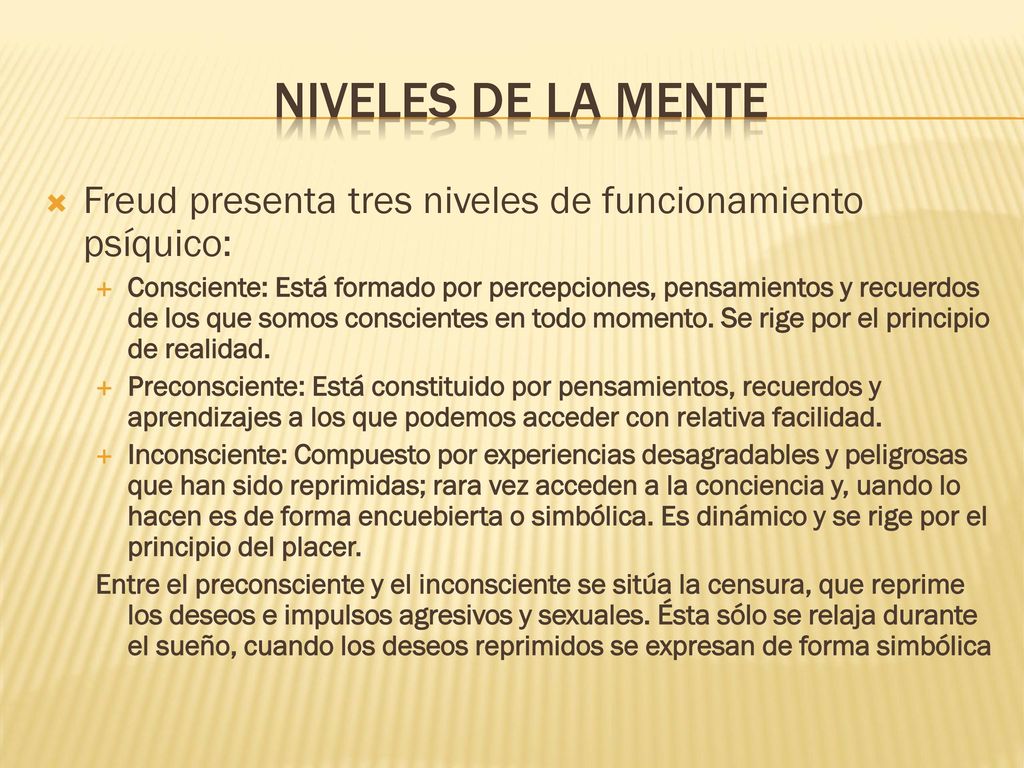 Niveles de la mente Freud presenta tres niveles de funcionamiento psíquico: