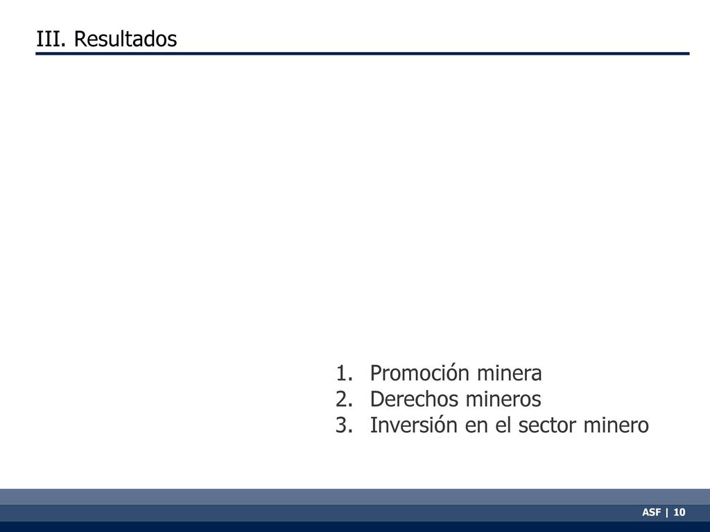 III. Resultados Promoción minera Derechos mineros Inversión en el sector minero