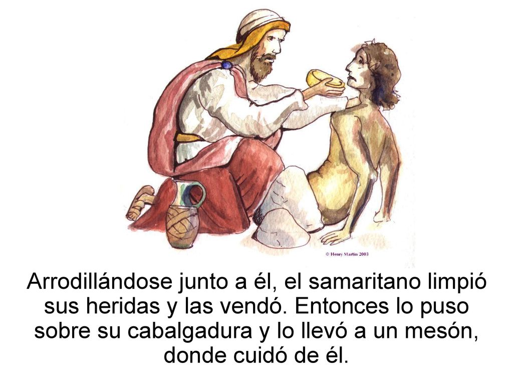 Arrodillándose junto a él, el samaritano limpió sus heridas y las vendó.
